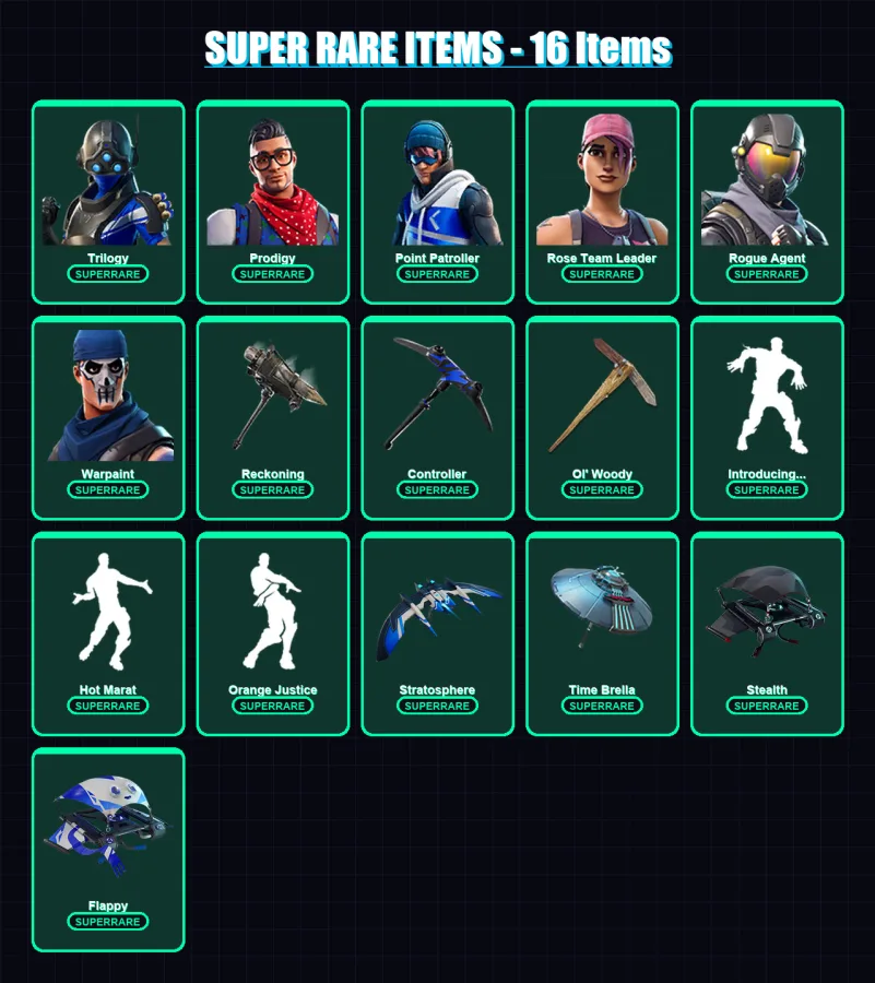 [PC/XBOX/PSN] | Trilogy | Prodigy | Point Patroller | Rose Team Leader | Rogue Agent | 81 skin | 107 pickaxe | 80 emote | 105 glider | Lv1681