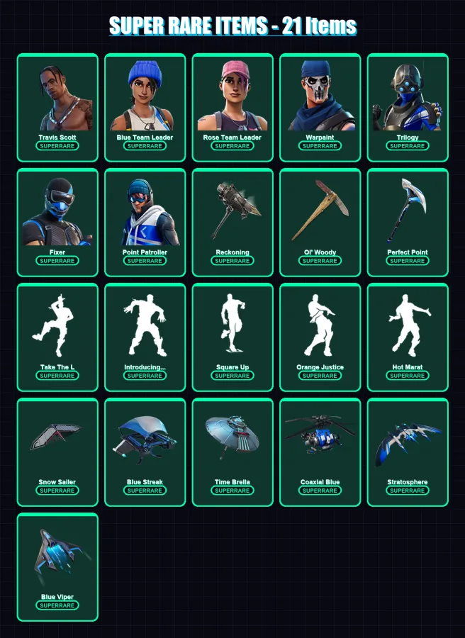 [PS4/PS5/XBOX/PC] | Travis Scott | Blue Team Leader | Rose Team Leader | Warpaint | Trilogy | 96 skin | 90 pickaxe | 106 emote | 94 glider | Lv1190 — Fortnite account