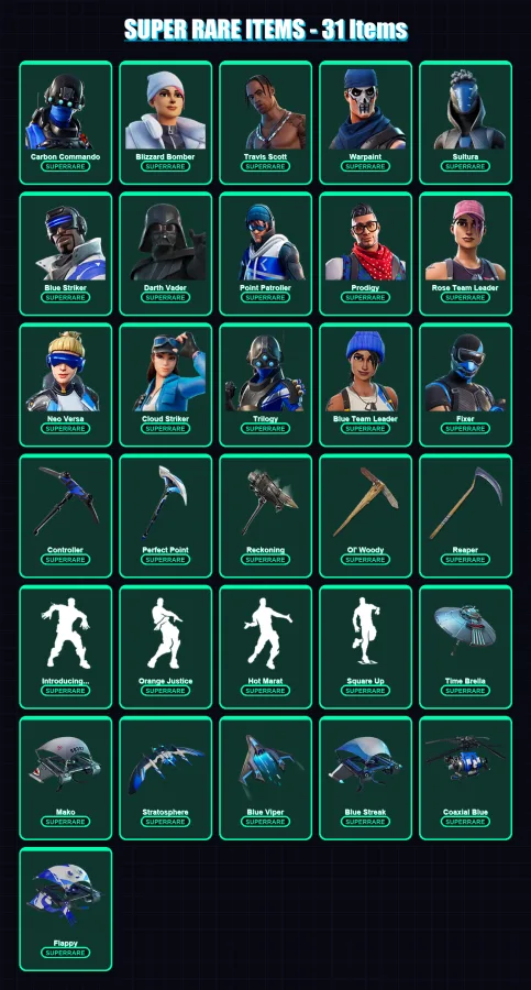 [PC/XBOX] | Carbon Commando | Blizzard Bomber | Travis Scott | Warpaint | Sultura | 171 skin | 160 pickaxe | 144 emote | 147 glider | Lv2028