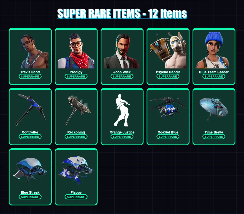 [PS4/PS5/XBOX/PC] | Travis Scott | Prodigy | John Wick | Psycho Bandit | Blue Team Leader | 104 skin | 71 pickaxe | 87 emote | 79 glider | Lv1030