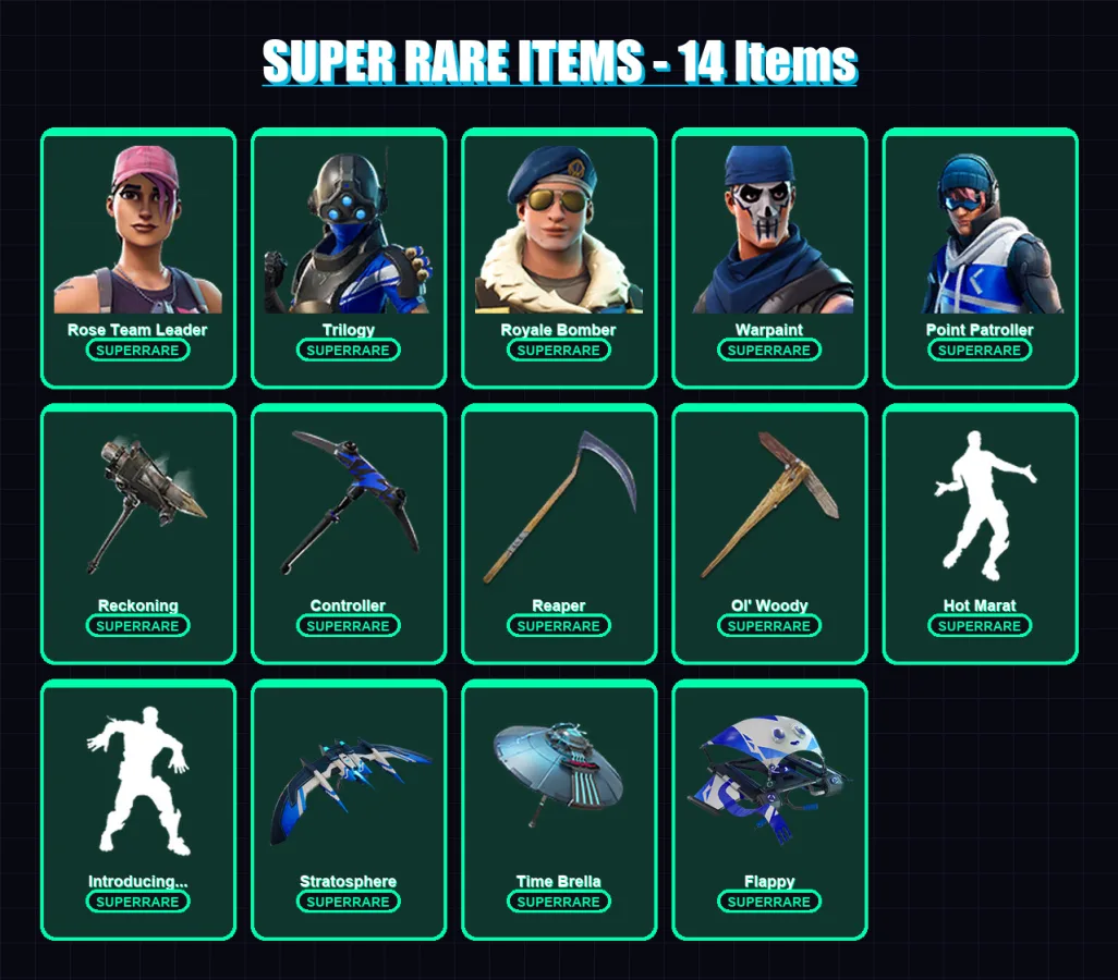 [PC/XBOX] | Rose Team Leader | Trilogy | Royale Bomber | Warpaint | Point Patroller | 142 skin | 160 pickaxe | 125 emote | 151 glider | Lv2450