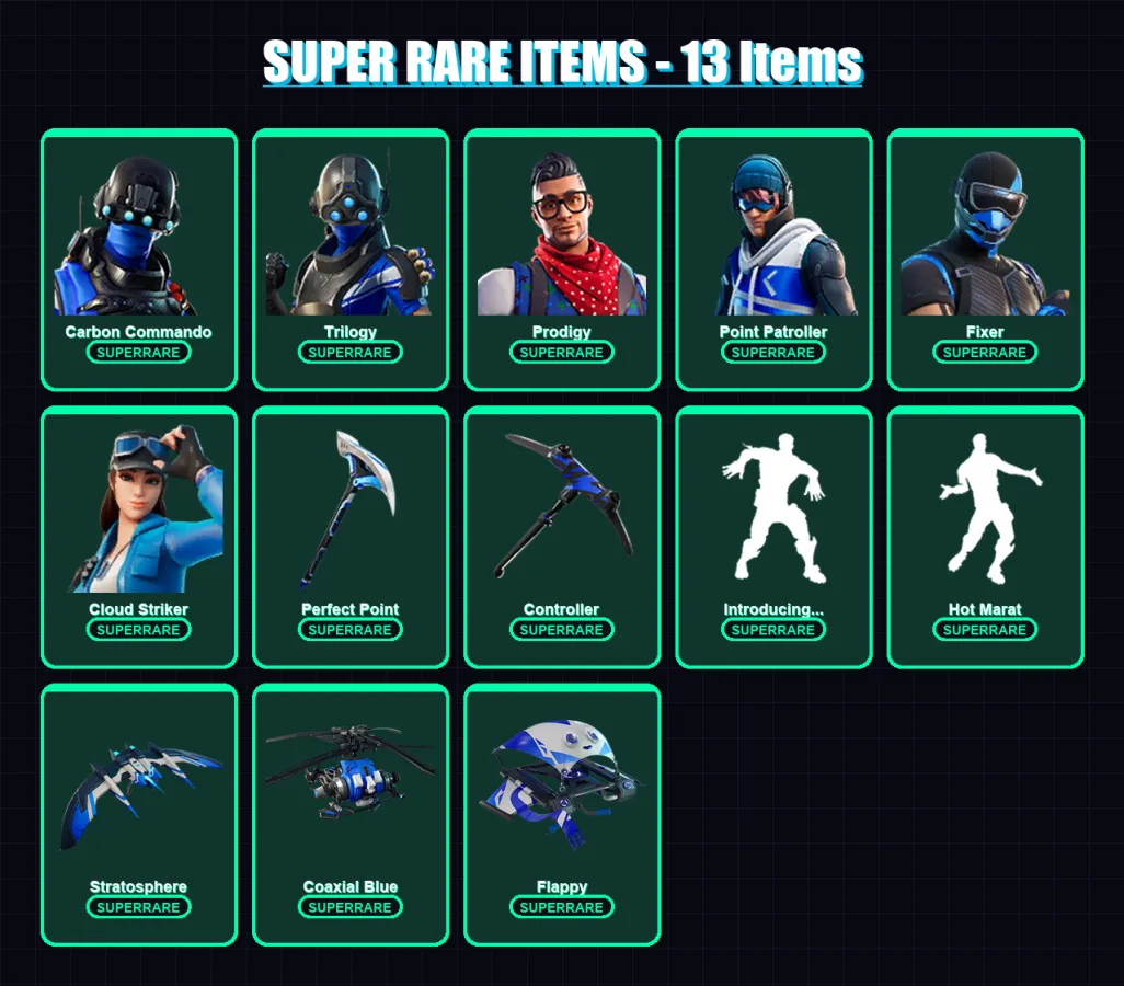 [PC/XBOX] | Carbon Commando | Trilogy | Prodigy | Point Patroller | Fixer | 80 skin | 173 pickaxe | 136 emote | 127 glider | Lv1946