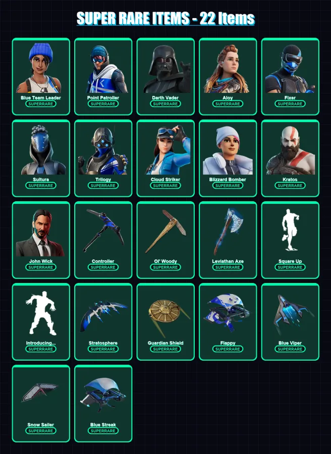 [PS4/PS5/XBOX/PC] | Blue Team Leader | Point Patroller | Darth Vader | Aloy | Fixer | 217 skin | 220 pickaxe | 113 emote | 153 glider | Lv2042