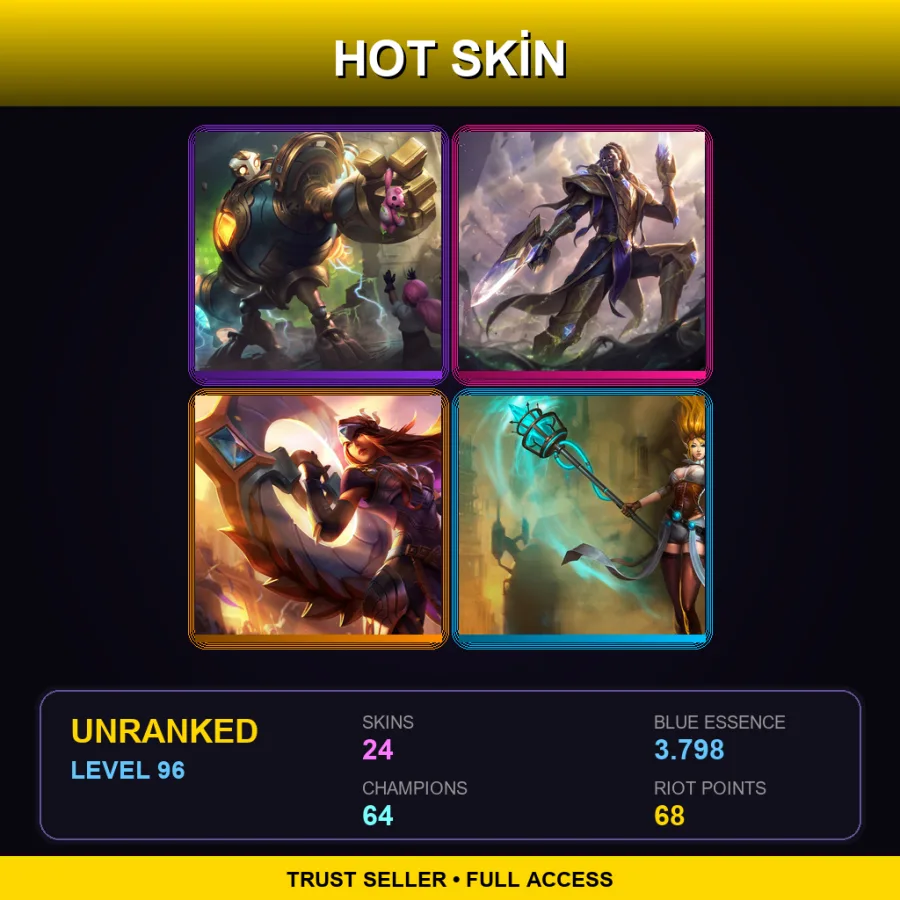 EUW | Lv96 | Unranked | 24 Skin | 64 Champ — LoL account