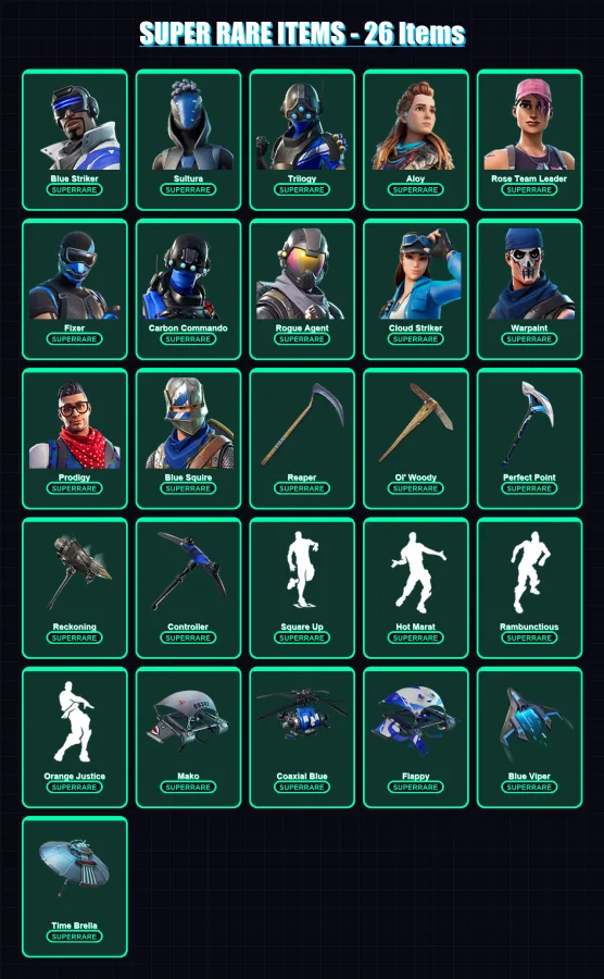 [PS4/PS5/XBOX/PC] | Blue Striker | Sultura | Trilogy | Aloy | Rose Team Leader | 208 skin | 176 pickaxe | 224 emote | 118 glider | Lv1346