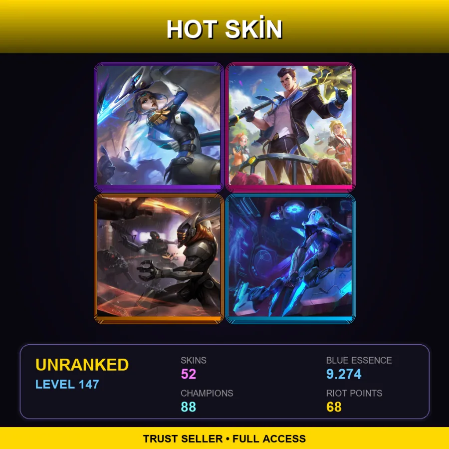 LAS | Lv147 | Unranked | 52 Skin | 88 Champ — LoL account