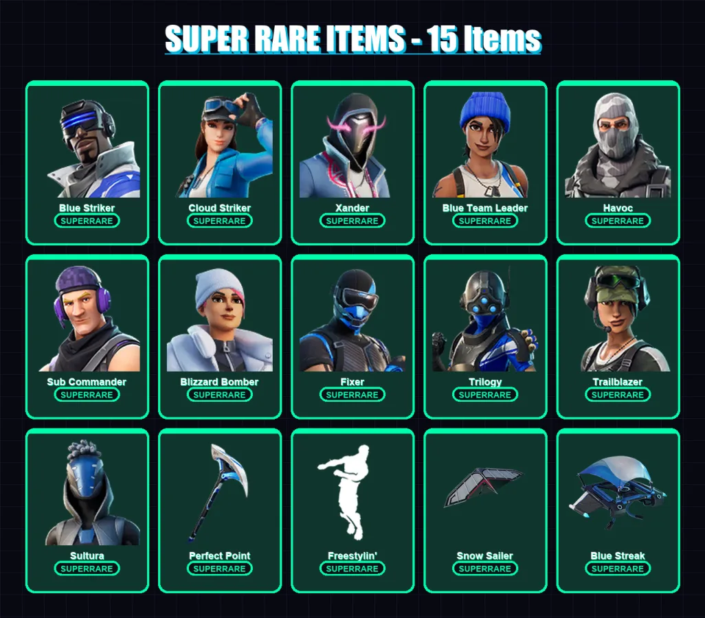 [PS4/PS5/XBOX/PC] | Blue Striker | Cloud Striker | Xander | Blue Team Leader | Havoc | 137 skin | 170 pickaxe | 121 emote | 108 glider | Lv1505