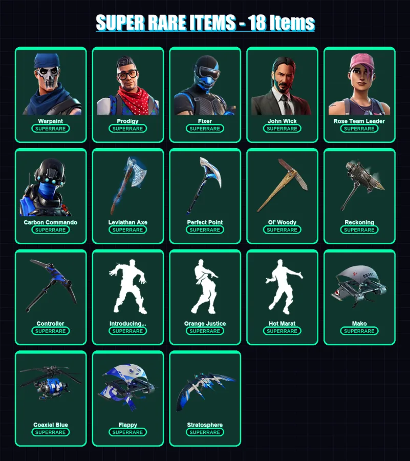 [PS4/PS5/XBOX/PC] | Warpaint | Prodigy | Fixer | John Wick | Rose Team Leader | 102 skin | 118 pickaxe | 122 emote | 112 glider | Lv1950 — Fortnite account