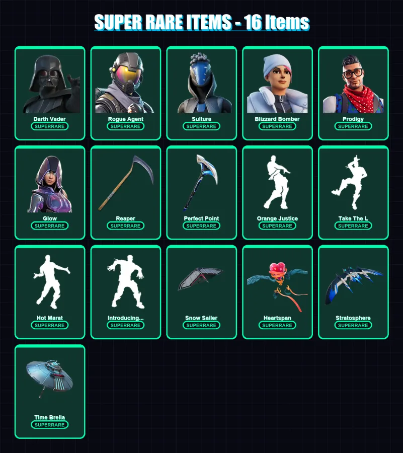 [PS4/PS5/XBOX/PC] | Darth Vader | Rogue Agent | Sultura | Blizzard Bomber | Prodigy | 75 skin | 94 pickaxe | 79 emote | 82 glider | Lv1194