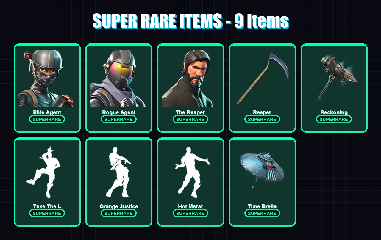 [PC] | Elite Agent | Rogue Agent | The Reaper | Renzo the Destroyer | Blackheart | 67 skin | 71 pickaxe | 73 emote | 71 glider | Lv1498 — Fortnite account