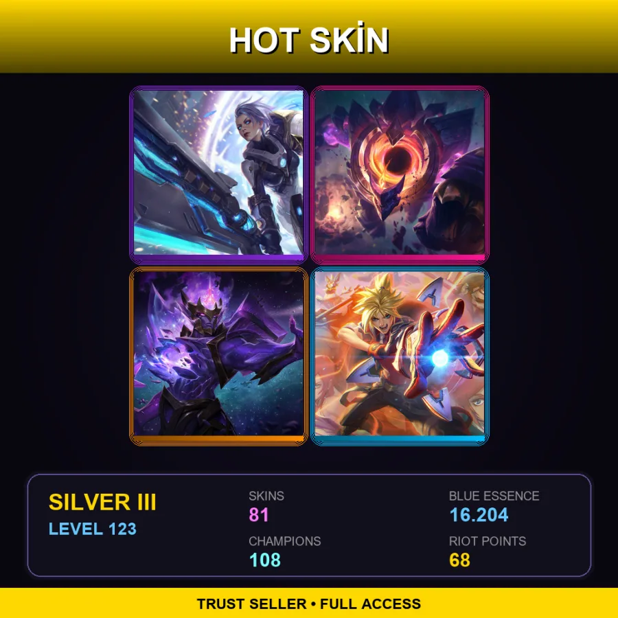 BR | Pulsefire Riven | Dark Star Malphite | Dark Star Jarvan IV | Battle Academia Ezreal | 81 Skin | 108 Champ | Silver III | Lv123