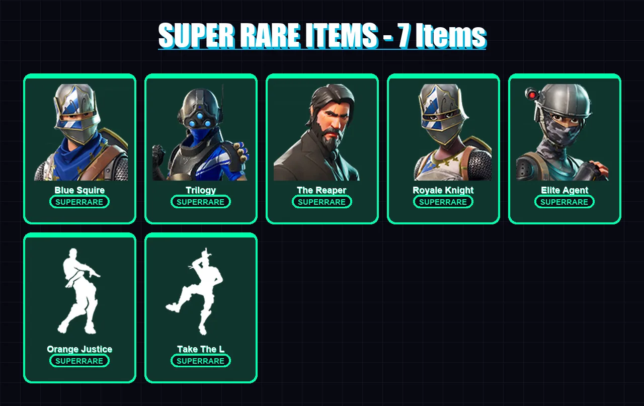 [PS4/PS5/XBOX/PC] | Blue Squire | Trilogy | The Reaper | Royale Knight | Elite Agent | 56 skin | 67 pickaxe | 70 emote | 64 glider | Lv1095
