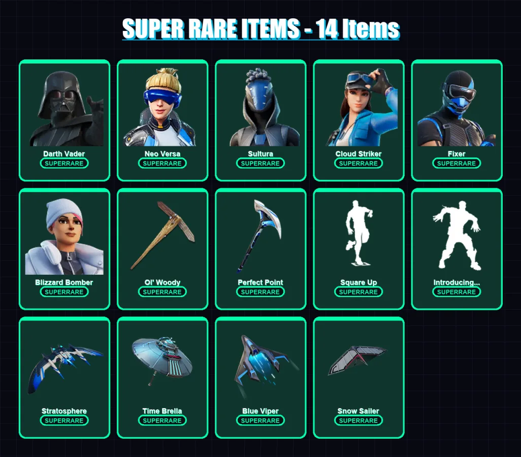 [PC] | Darth Vader | Neo Versa | Sultura | Cloud Striker | Fixer | 135 skin | 167 pickaxe | 124 emote | 159 glider | Lv2301
