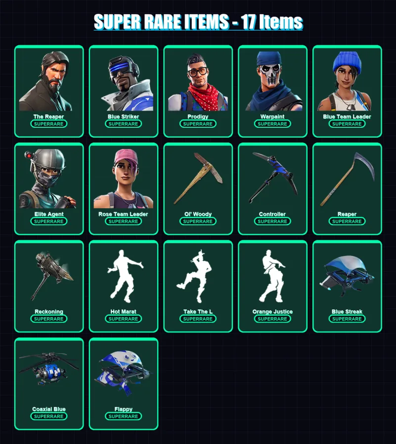 [PS4/PS5/XBOX/PC] | The Reaper | Blue Striker | Prodigy | Warpaint | Blue Team Leader | 58 skin | 42 pickaxe | 50 emote | 46 glider | Lv512 — Fortnite account