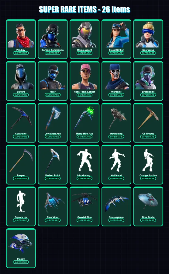[PS4/PS5/XBOX/PC] | Prodigy | Carbon Commando | Rogue Agent | Cloud Striker | Neo Versa | 225 skin | 292 pickaxe | 207 emote | 224 glider | Lv3715