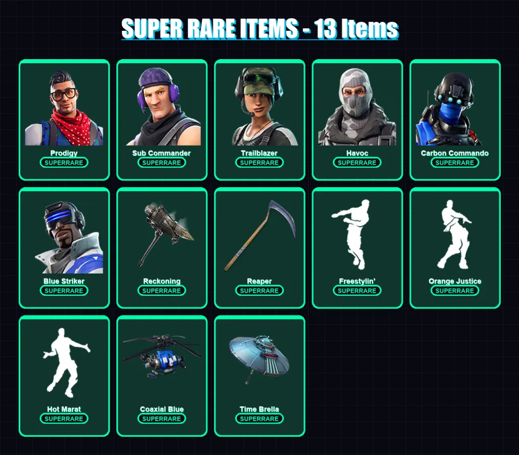 [PC/XBOX] | Prodigy | Sub Commander | Trailblazer | Havoc | Carbon Commando | 34 skin | 44 pickaxe | 36 emote | 47 glider | Lv707