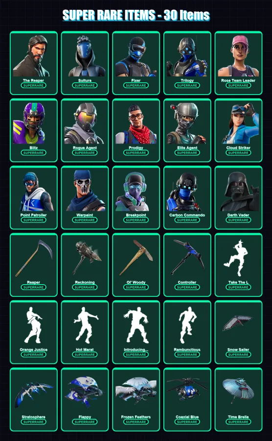 [PC/XBOX/PSN] | The Reaper | Sultura | Fixer | Trilogy | Rose Team Leader | 356 skin | 333 pickaxe | 311 emote | 266 glider | Lv3745