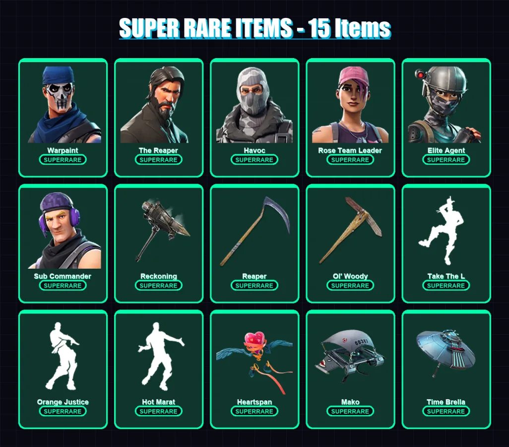 [PC/XBOX/PSN] | Warpaint | The Reaper | Havoc | Rose Team Leader | Elite Agent | 58 skin | 55 pickaxe | 63 emote | 64 glider | Lv926
