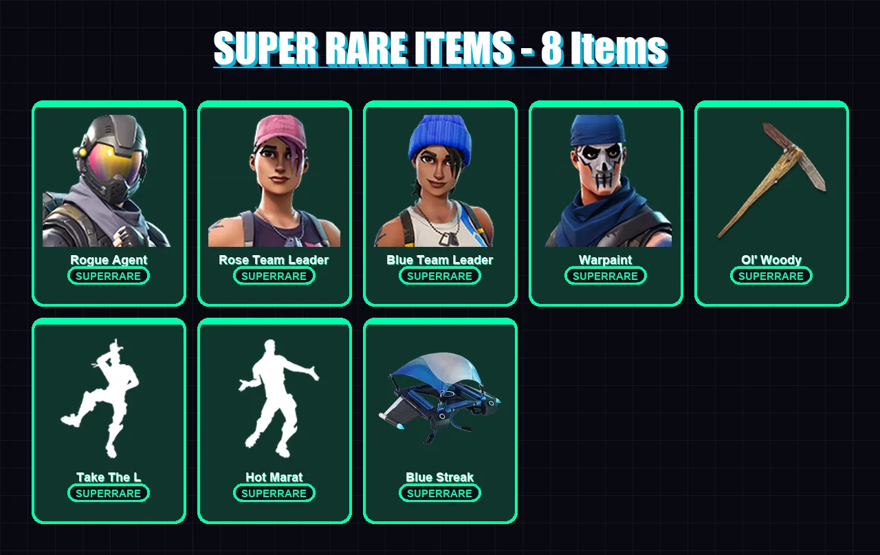 [SWITCH/PC] | Rogue Agent | Rose Team Leader | Blue Team Leader | Warpaint | Vi | 86 skin | 110 pickaxe | 86 emote | 74 glider | Lv950