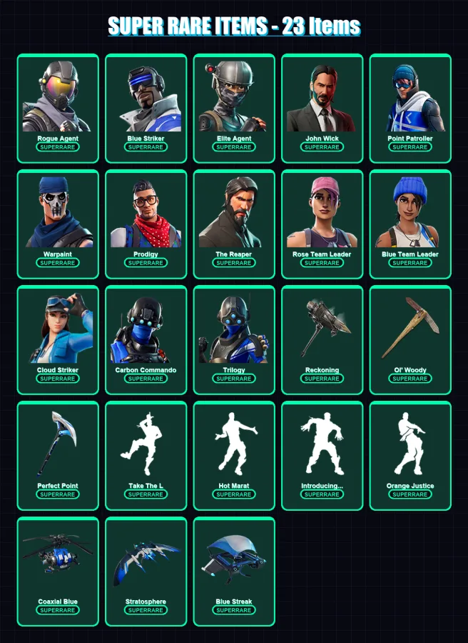 [PC/XBOX] | Rogue Agent | Blue Striker | Elite Agent | John Wick | Point Patroller | 130 skin | 82 pickaxe | 88 emote | 76 glider | Lv774