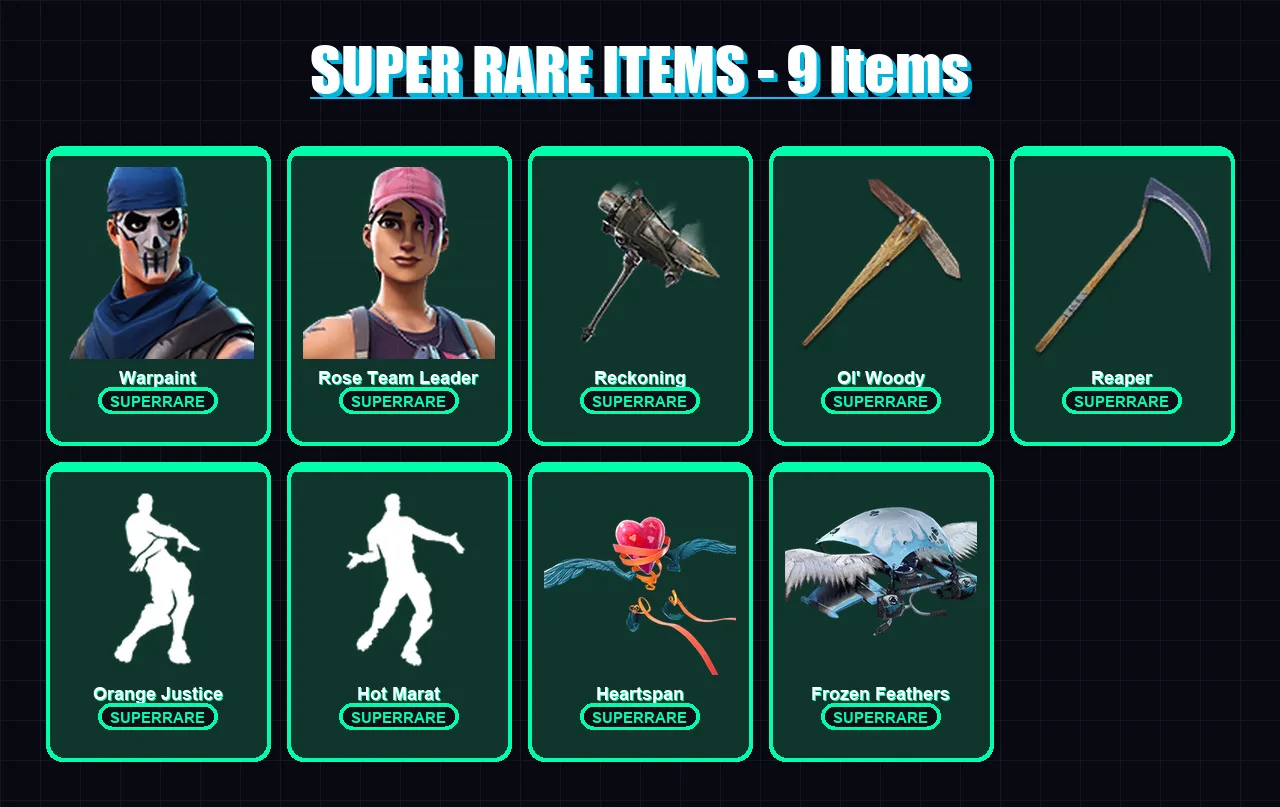[PS4/PS5/XBOX/PC] | Warpaint | Rose Team Leader | Blackheart | Enforcer | Calamity | 69 skin | 45 pickaxe | 83 emote | 51 glider | Lv527