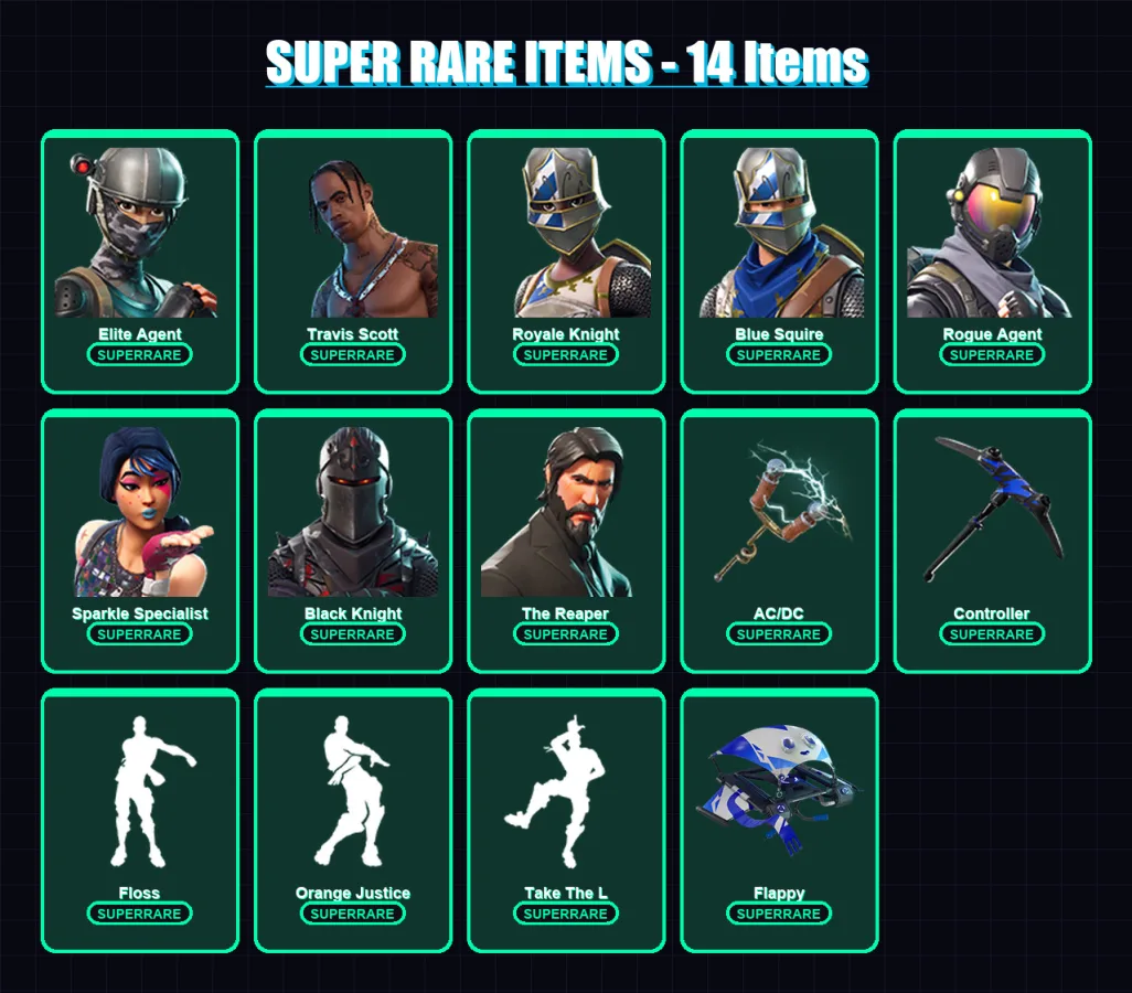 [PS4/PS5/XBOX/PC] | Elite Agent | Travis Scott | Royale Knight | Blue Squire | Rogue Agent | 60 skin | 38 pickaxe | 66 emote | 41 glider | Lv459