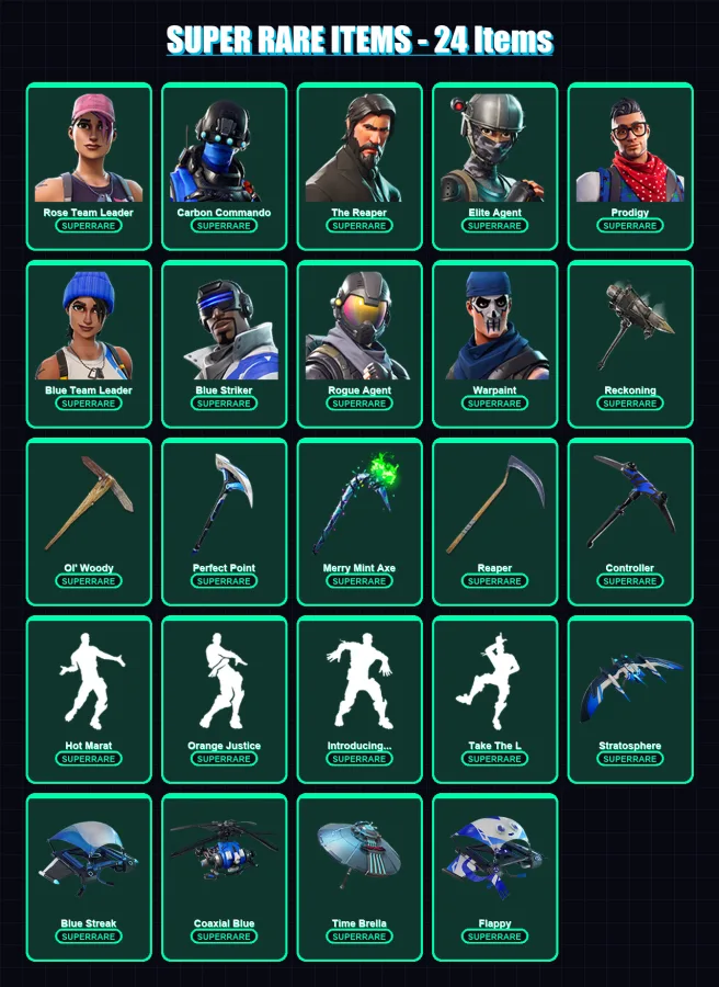 [PC/XBOX] | Rose Team Leader | Carbon Commando | The Reaper | Elite Agent | Prodigy | 112 skin | 133 pickaxe | 128 emote | 132 glider | Lv2594