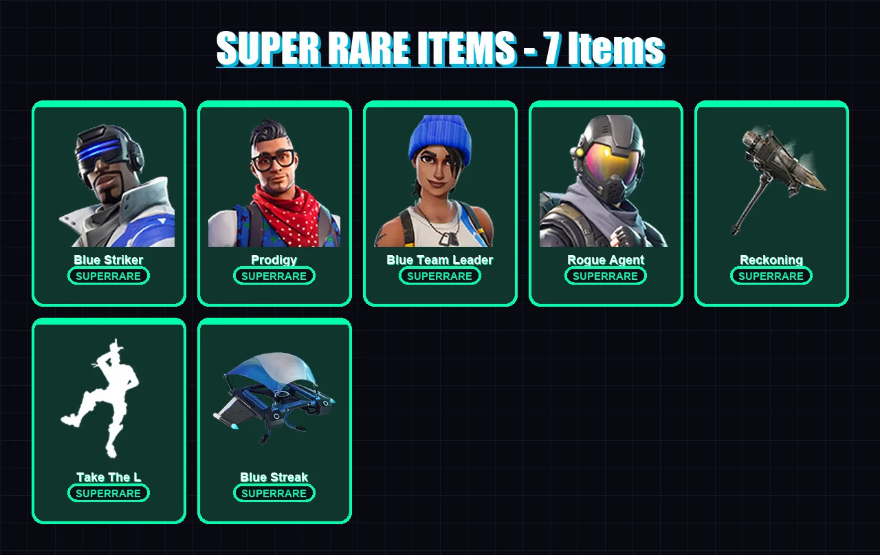 [PC/XBOX/PSN] | Blue Striker | Prodigy | Blue Team Leader | Rogue Agent | Calamity | 35 skin | 51 pickaxe | 40 emote | 50 glider | Lv770
