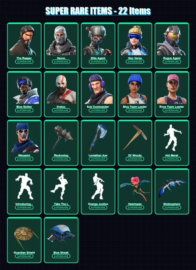[PS4/PS5/PC] | The Reaper | Havoc | Elite Agent | Neo Versa | Rogue Agent | 171 skin | 180 pickaxe | 138 emote | 164 glider | Lv2976