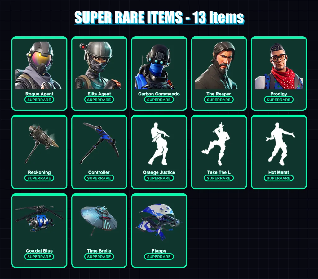[PC/XBOX] | Rogue Agent | Elite Agent | Carbon Commando | The Reaper | Prodigy | 73 skin | 82 pickaxe | 86 emote | 89 glider | Lv1100