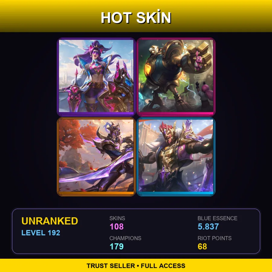 TR | Lv192 | Unranked | 108 Skin | 179 Champ — LoL account