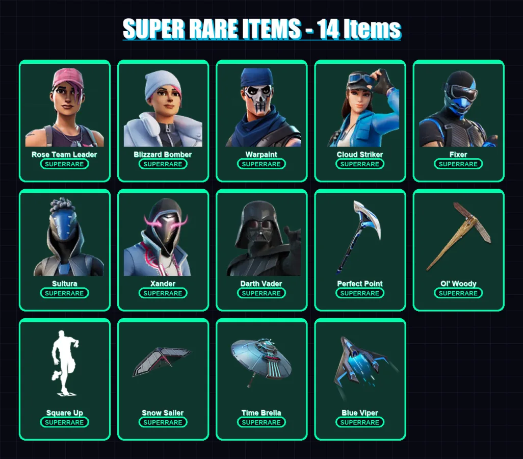 [PS4/PS5/XBOX/PC] | Rose Team Leader | Blizzard Bomber | Warpaint | Cloud Striker | Fixer | 195 skin | 197 pickaxe | 179 emote | 175 glider | Lv2606