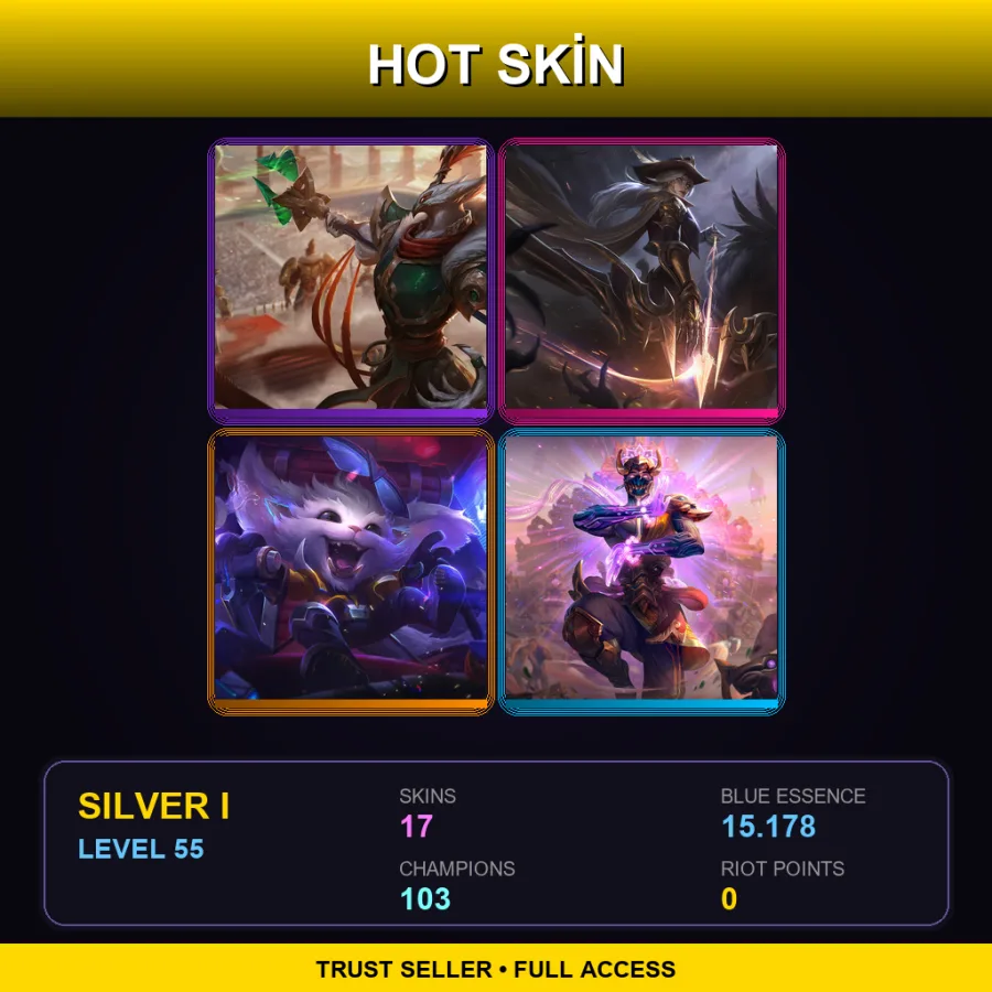 SG | Warring Kingdoms Azir | High Noon Ashe | Super Galaxy Gnar | Three Honors Malzahar | 17 Skin | 103 Champ | Silver I | Lv55