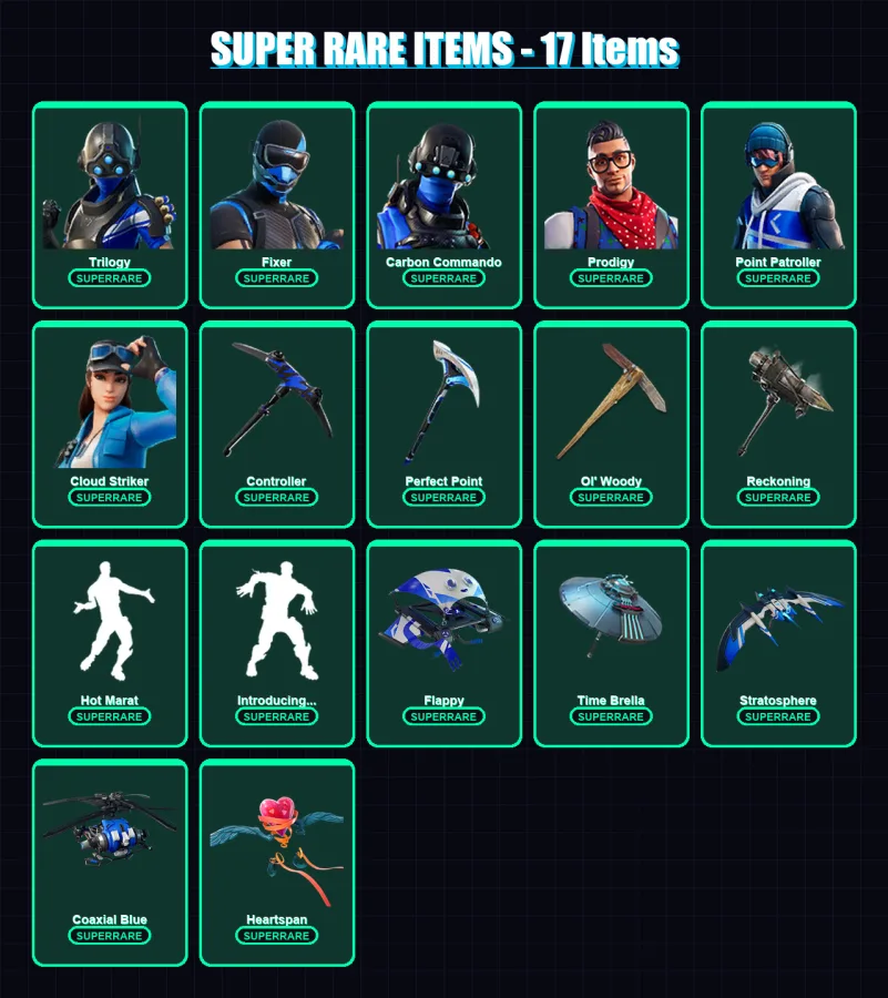 [PS4/PS5/XBOX/PC] | Trilogy | Fixer | Carbon Commando | Prodigy | Point Patroller | 90 skin | 145 pickaxe | 131 emote | 135 glider | Lv2572