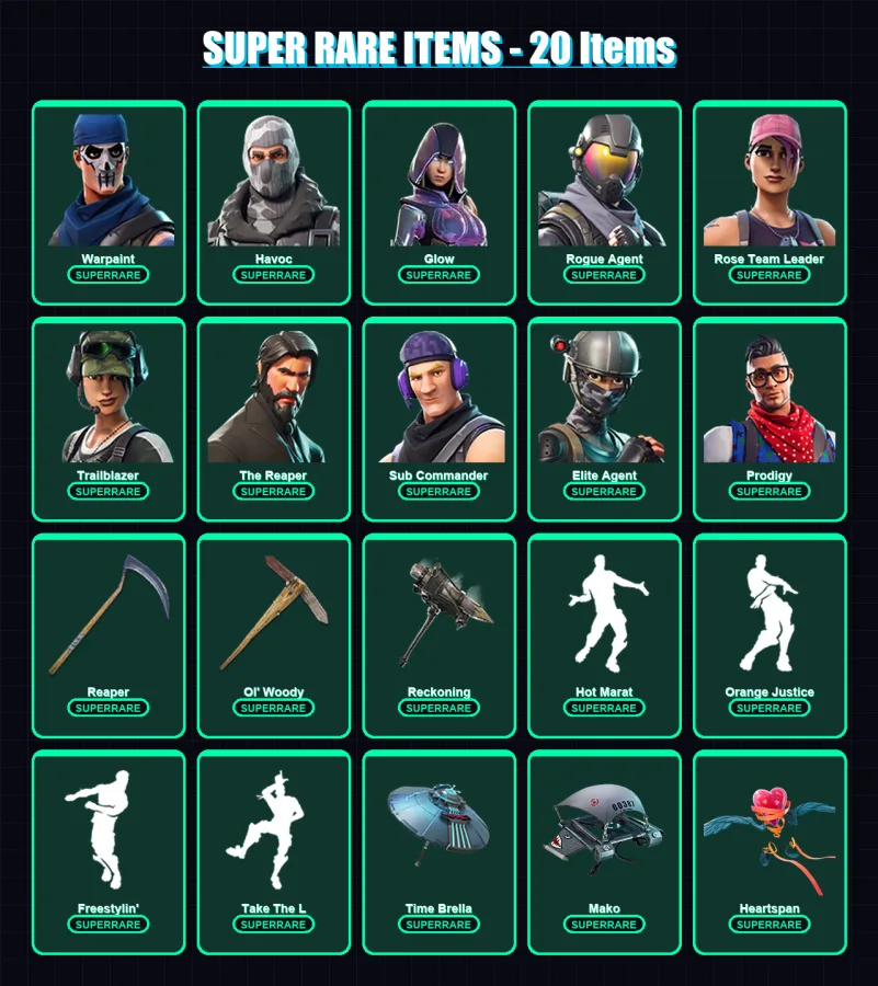 [PC] | Warpaint | Havoc | Glow | Rogue Agent | Rose Team Leader | 106 skin | 114 pickaxe | 78 emote | 103 glider | Lv989