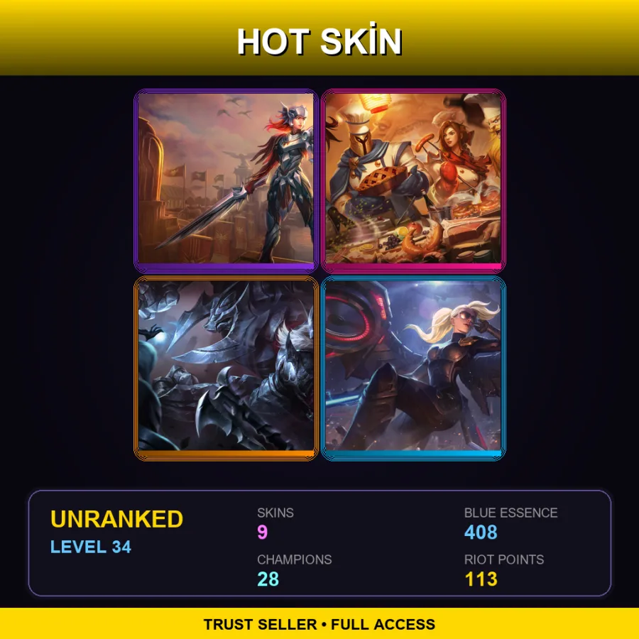 EUW | Lv34 | Unranked | 9 Skin | 28 Champ — LoL account