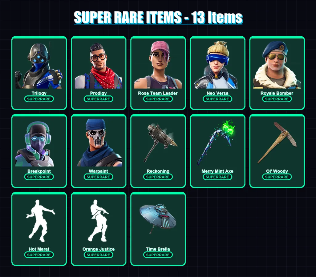 [PC/PSN] | Trilogy | Prodigy | Rose Team Leader | Neo Versa | Royale Bomber | 153 skin | 122 pickaxe | 132 emote | 110 glider | Lv1764