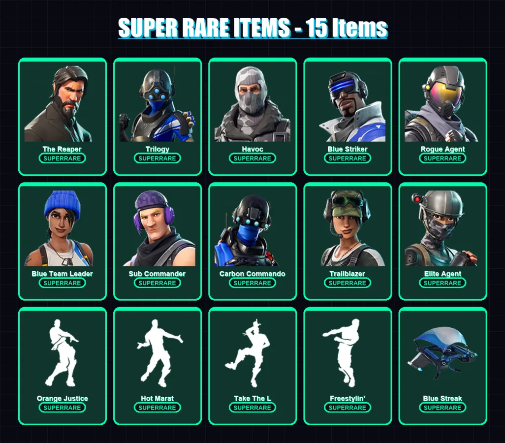 [PS4/PS5/XBOX/PC] | The Reaper | Trilogy | Havoc | Blue Striker | Rogue Agent | 37 skin | 37 pickaxe | 43 emote | 46 glider | Lv658 — Fortnite account