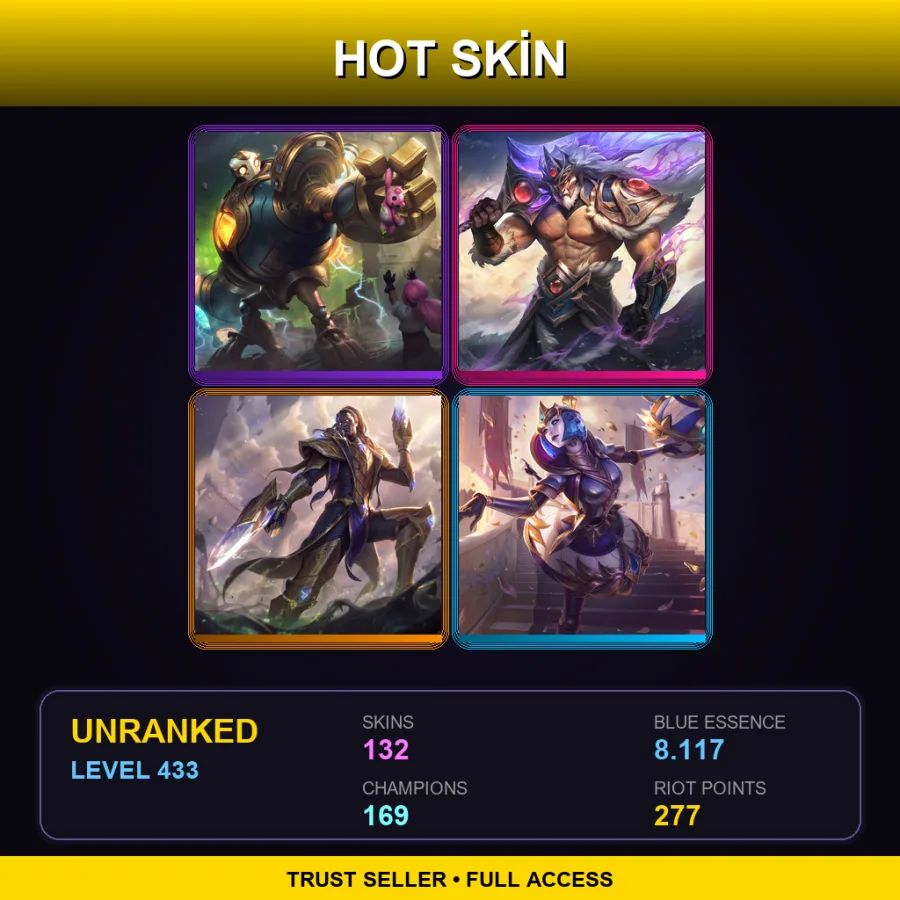 LAN | Lv433 | Unranked | 132 Skin | 169 Champ — LoL account
