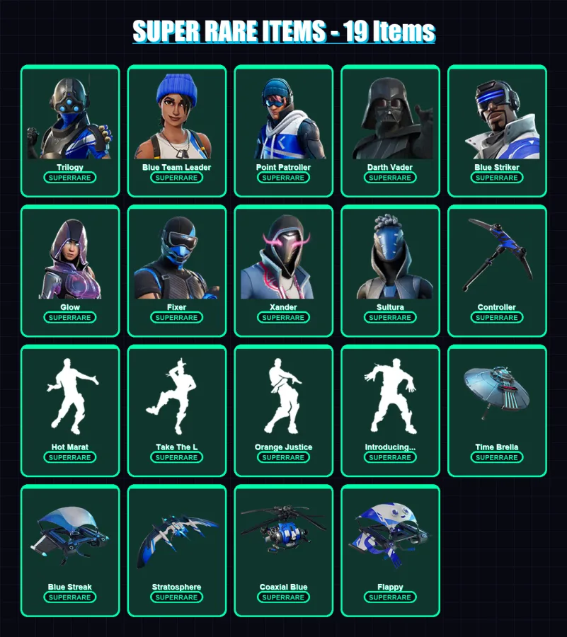 [PC/XBOX] | Trilogy | Blue Team Leader | Point Patroller | Darth Vader | Blue Striker | 116 skin | 169 pickaxe | 127 emote | 151 glider | Lv2609