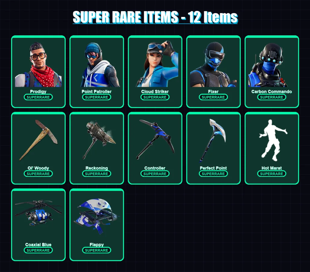 [PC/XBOX/PSN] | Prodigy | Point Patroller | Cloud Striker | Fixer | Carbon Commando | 78 skin | 84 pickaxe | 76 emote | 74 glider | Lv1414