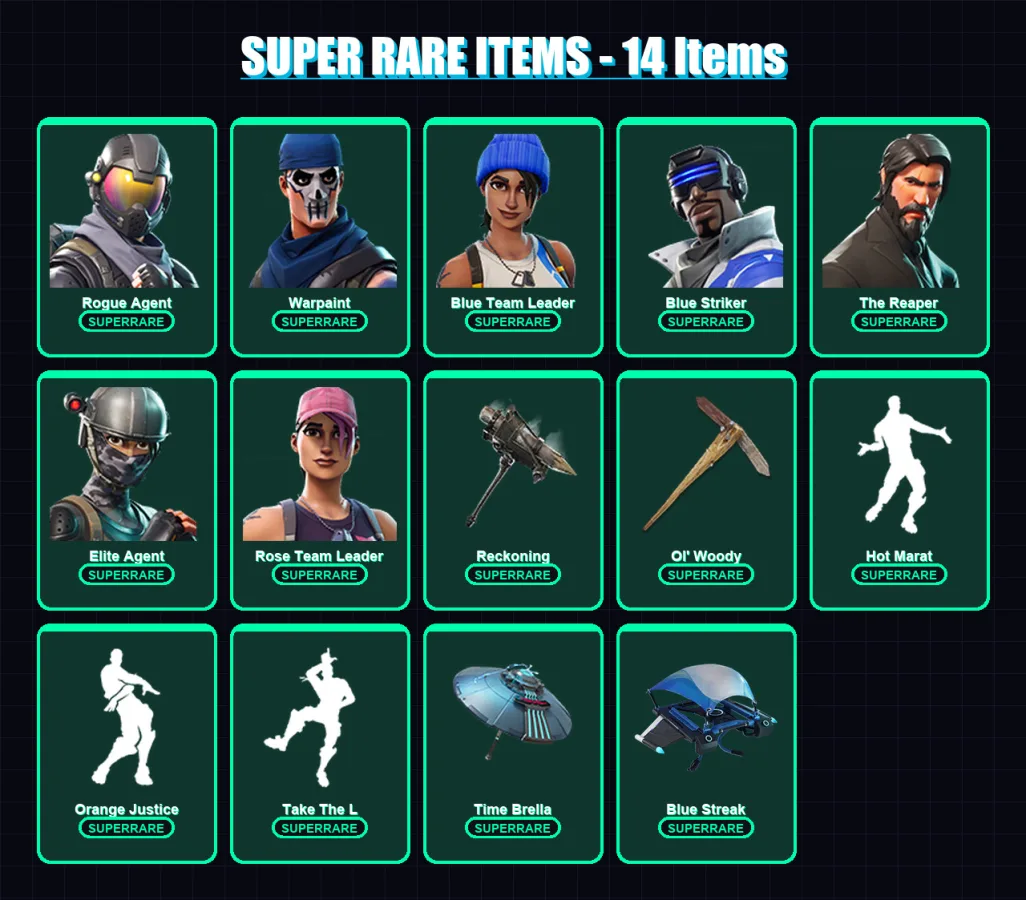 [PS4/PS5/XBOX/PC] | Rogue Agent | Warpaint | Blue Team Leader | Blue Striker | The Reaper | 65 skin | 54 pickaxe | 56 emote | 54 glider | Lv750