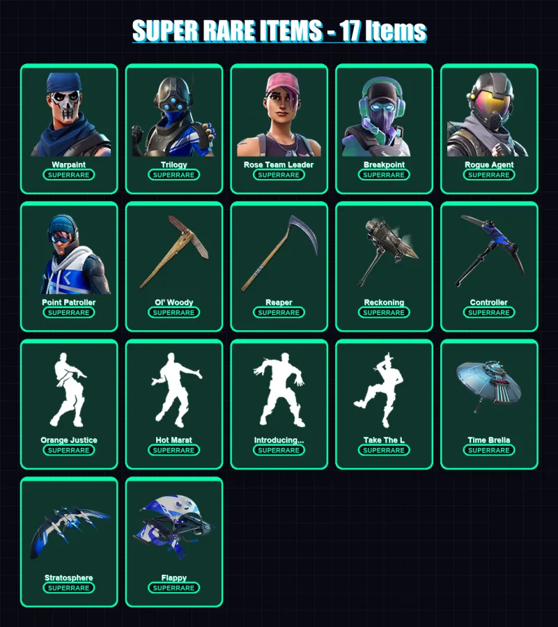 [PS4/PS5/XBOX/PC] | Warpaint | Trilogy | Rose Team Leader | Breakpoint | Rogue Agent | 112 skin | 98 pickaxe | 96 emote | 90 glider | Lv1422
