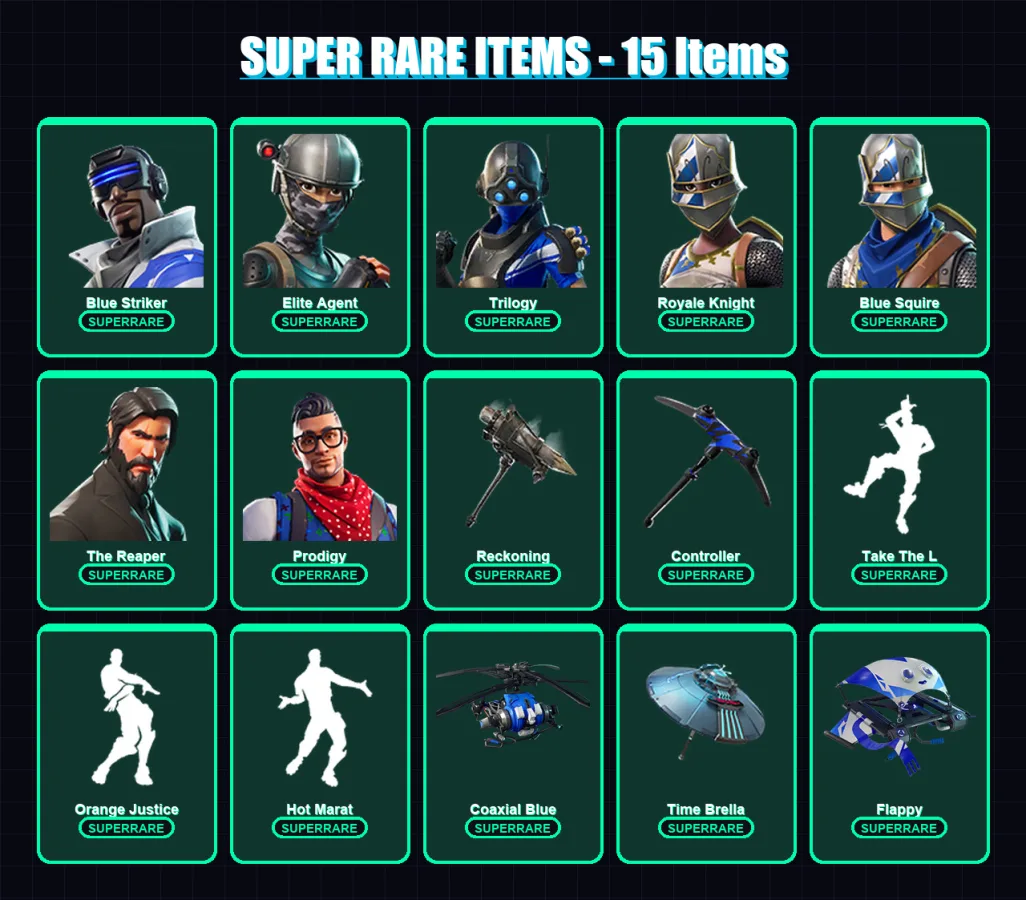 [PC] | Blue Striker | Elite Agent | Trilogy | Royale Knight | Blue Squire | 107 skin | 109 pickaxe | 125 emote | 113 glider | Lv1660