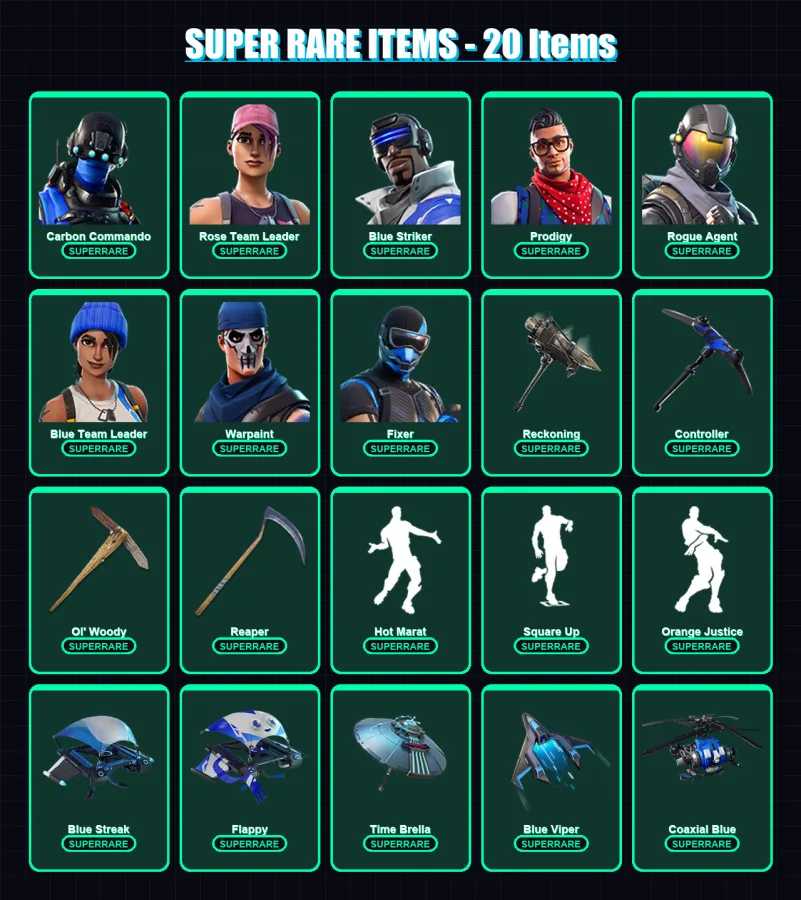[PS4/PS5/XBOX/PC] | Carbon Commando | Rose Team Leader | Blue Striker | Prodigy | Rogue Agent | 97 skin | 100 pickaxe | 125 emote | 98 glider | Lv13