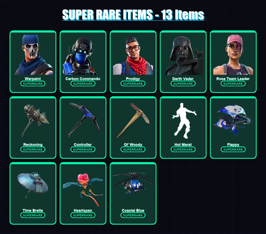 [PS4/PS5/XBOX/PC] | Warpaint | Carbon Commando | Prodigy | Darth Vader | Rose Team Leader | 246 skin | 277 pickaxe | 216 emote | 245 glider | Lv3575
