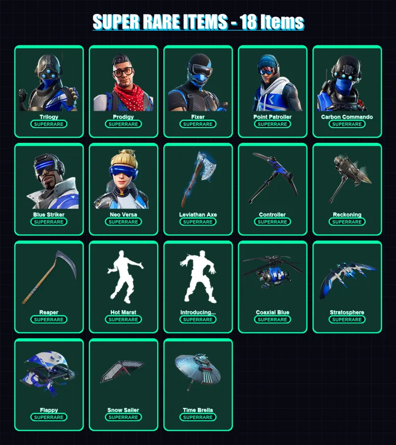 [PS4/PS5/XBOX/PC] | Trilogy | Prodigy | Fixer | Point Patroller | Carbon Commando | 129 skin | 168 pickaxe | 126 emote | 146 glider | Lv2037