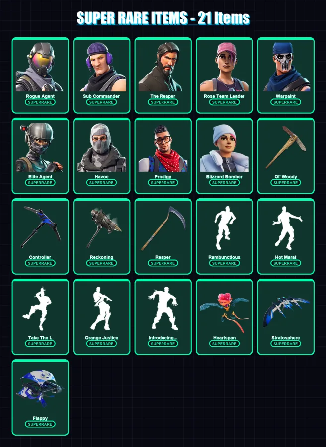 [PC/XBOX/PSN] | Rogue Agent | Sub Commander | The Reaper | Rose Team Leader | Warpaint | 113 skin | 85 pickaxe | 94 emote | 86 glider | Lv1181