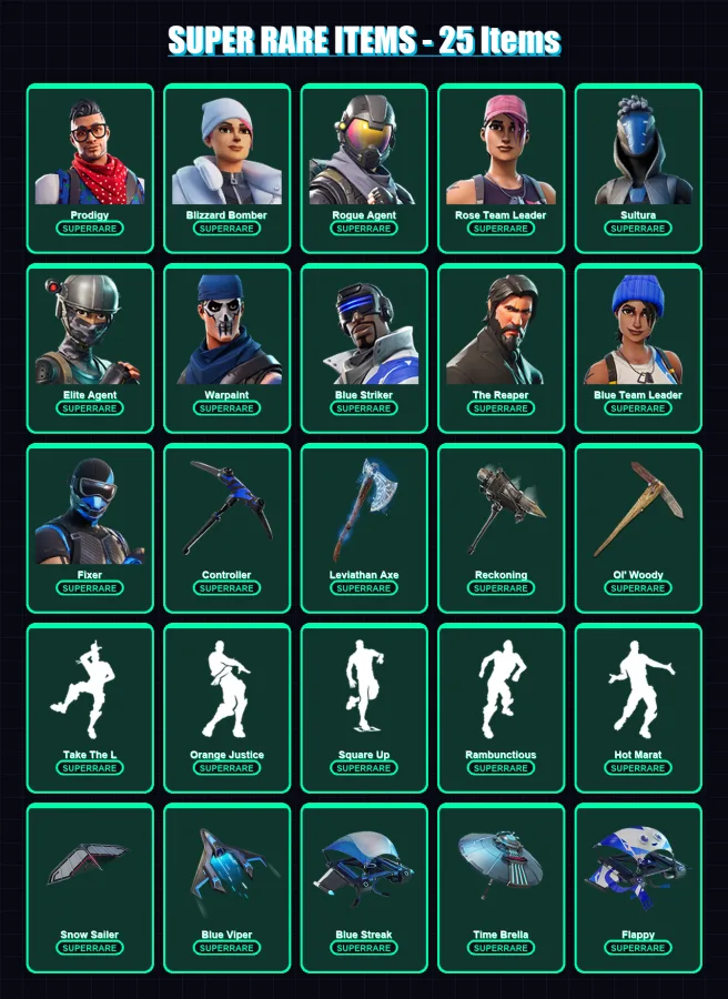 [PS4/PS5/XBOX/PC] | Prodigy | Blizzard Bomber | Rogue Agent | Rose Team Leader | Sultura | 262 skin | 270 pickaxe | 228 emote | 193 glider | Lv2836