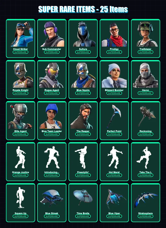 [PS4/PS5/XBOX/PC] | Cloud Striker | Sub Commander | Sultura | Prodigy | Trailblazer | 129 skin | 143 pickaxe | 108 emote | 149 glider | Lv2195